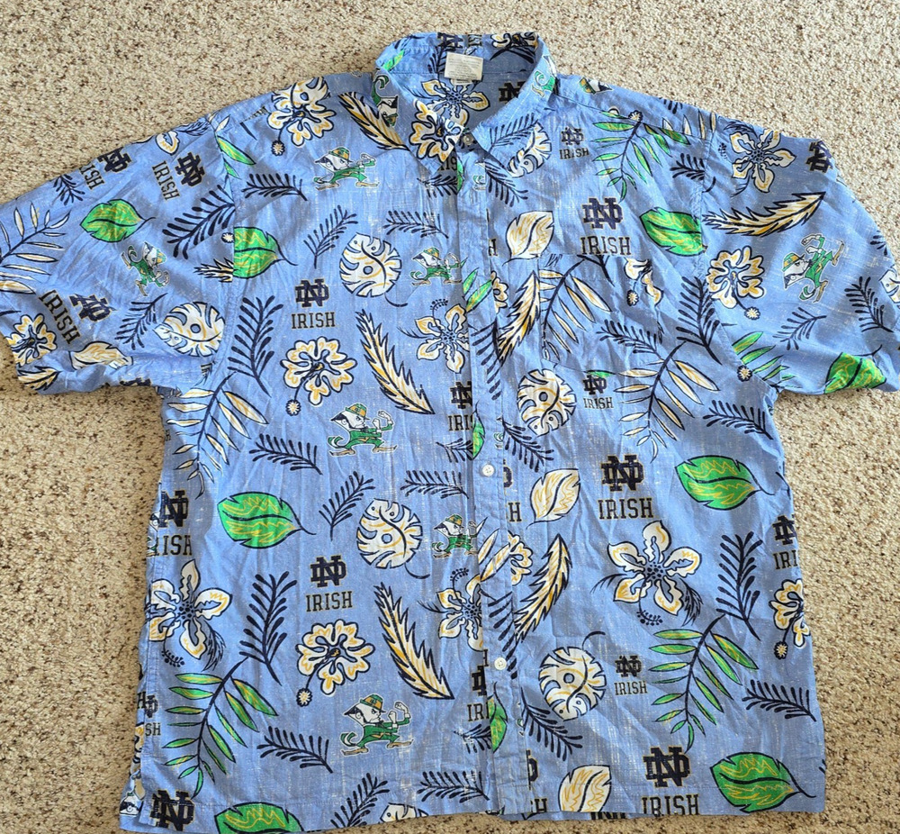 Notre Dame Fighting Irish Hawaiian Button Up Shirt Men XXL Blue Wes and Willy